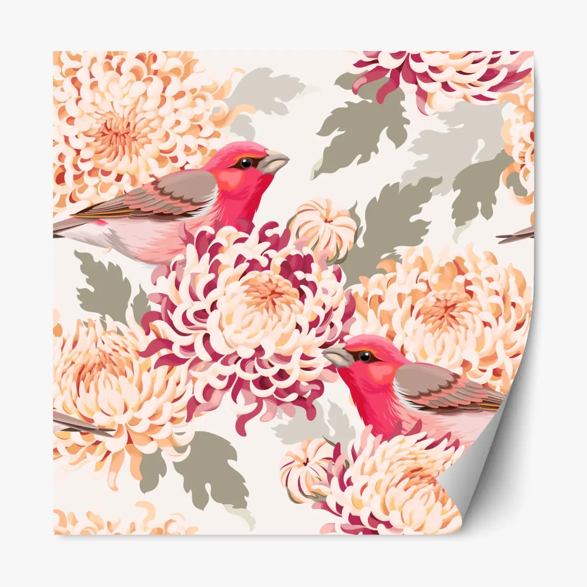 Repositionierbarer Aufkleber rosa vögel und chryzanthemenmuster – Pixers®
