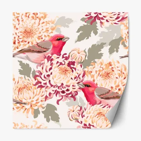Repositionierbarer Aufkleber rosa vögel und chryzanthemenmuster – Pixers®