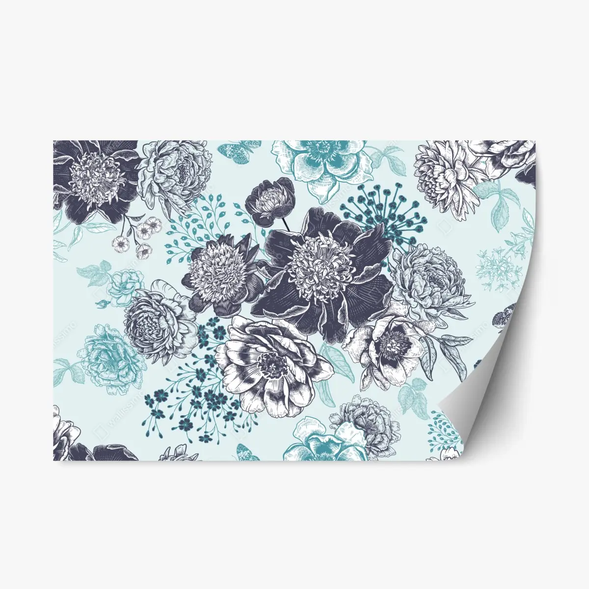 Repositionierbarer Aufkleber blumiges peonienmuster in türkis und marineblau – Pixers®