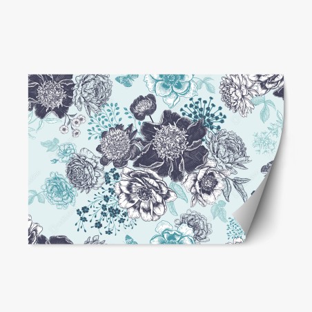 Repositionierbarer Aufkleber blumiges peonienmuster in türkis und marineblau – Pixers®