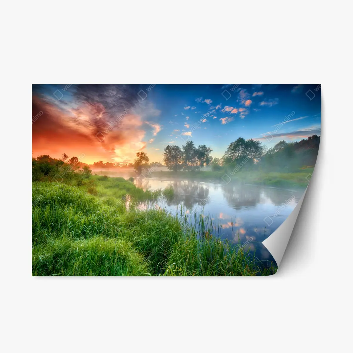 Repositionierbarer Aufkleber nebel bei sonnenaufgang am flussufer – Pixers®