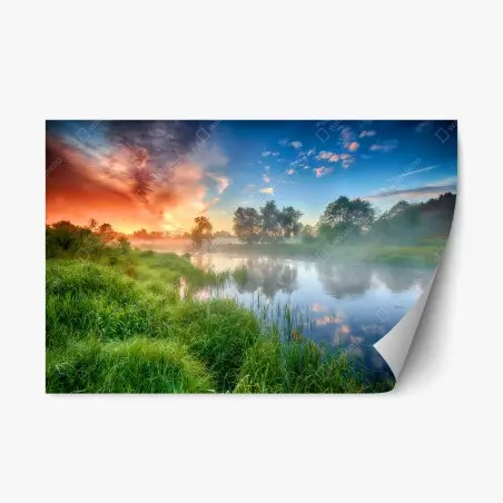 Repositionierbarer Aufkleber nebel bei sonnenaufgang am flussufer – Pixers®