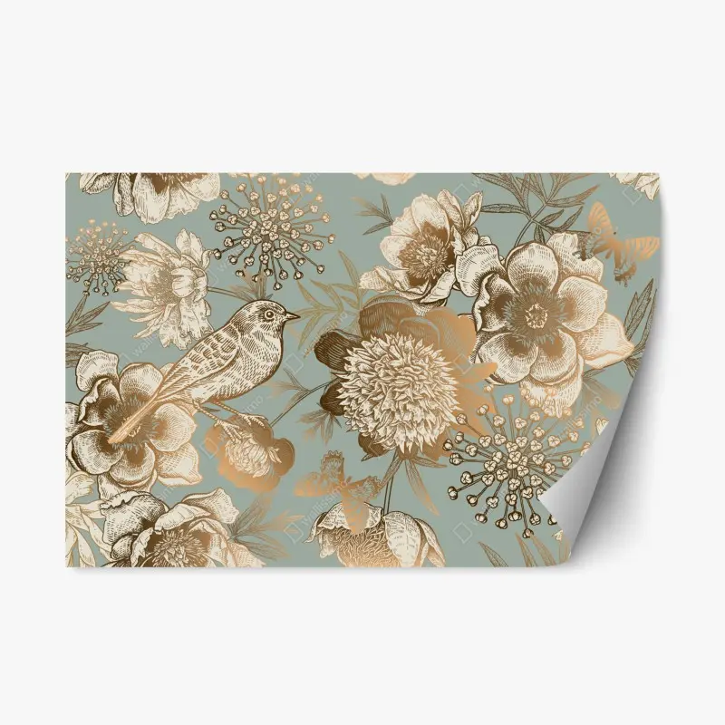 Repositionierbarer Aufkleber vintage botanisches blumenmotiv mit vogel