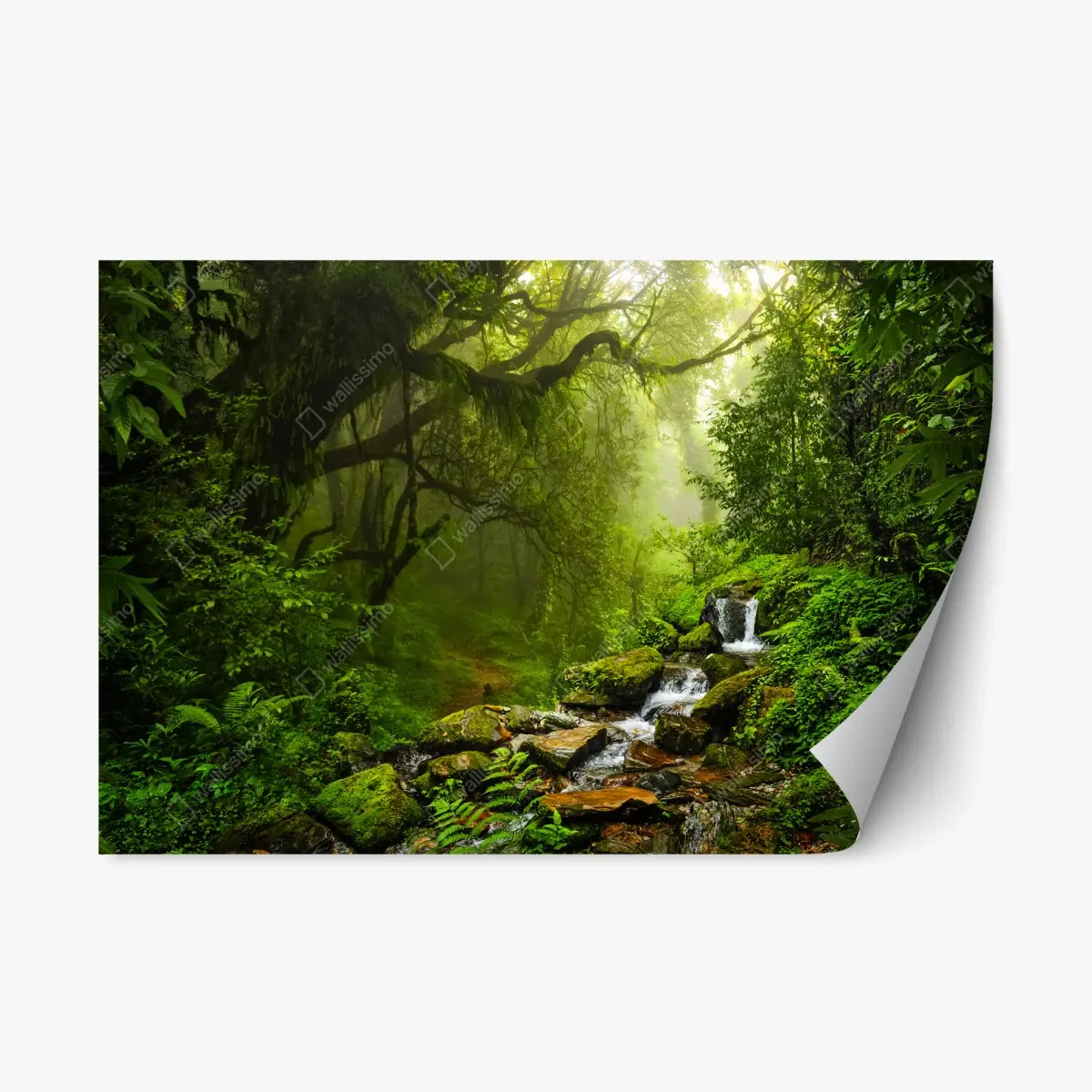Repositionierbarer Aufkleber üppiger nebliger waldwasserfall – Pixers®