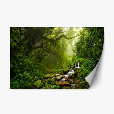 Repositionierbarer Aufkleber üppiger nebliger waldwasserfall – Pixers®