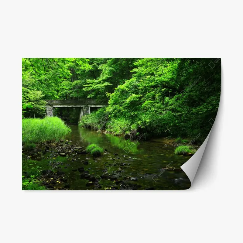 Repositionierbarer Aufkleber üppiger grüner waldbach mit steinbrücke