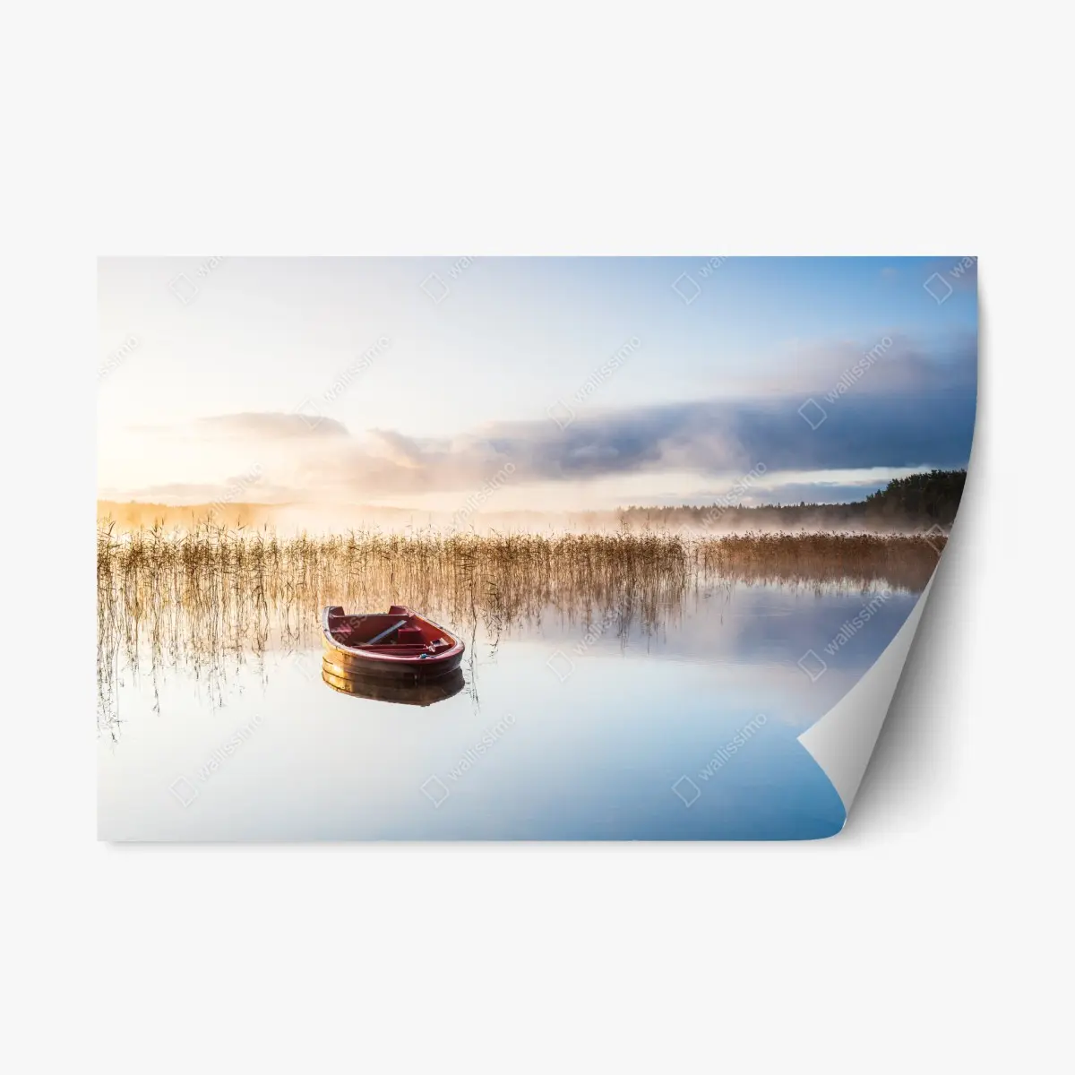 Repositionierbarer Aufkleber nebliger morgen am see mit rotem boot – Pixers®