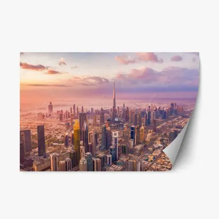 Repositionierbarer Aufkleber sonnenuntergang über der skyline von Dubai mit Burj Khalifa – Pixers®