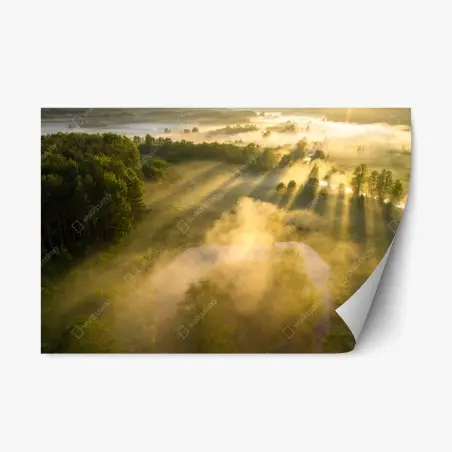 Repositionierbarer Aufkleber goldener morgen über nebligem fluss – Pixers®