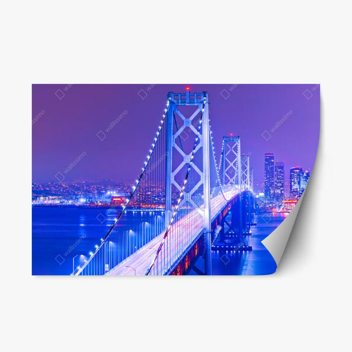Repositionierbarer Aufkleber beleuchtete hängebrücke und stadtsilhouette bei nacht – Pixers®