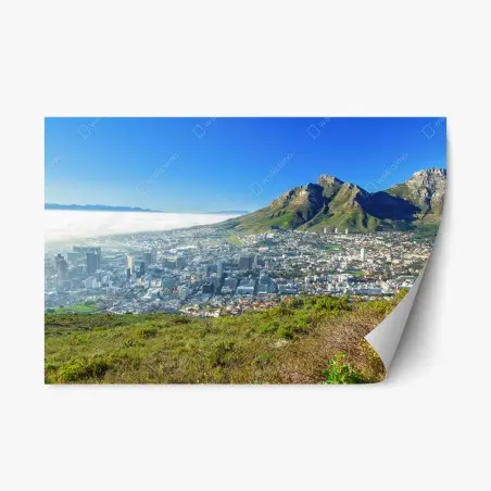 Repositionierbarer Aufkleber stadtpanorama mit bergen und blauem himmel – Pixers®