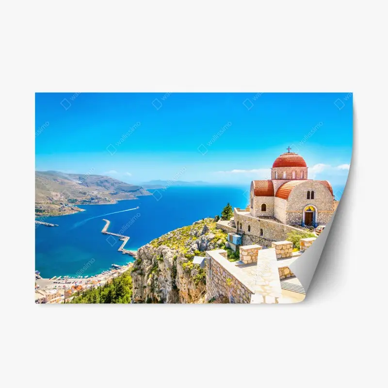 Repositionierbarer Aufkleber griechische kirche auf klippe über dem meer