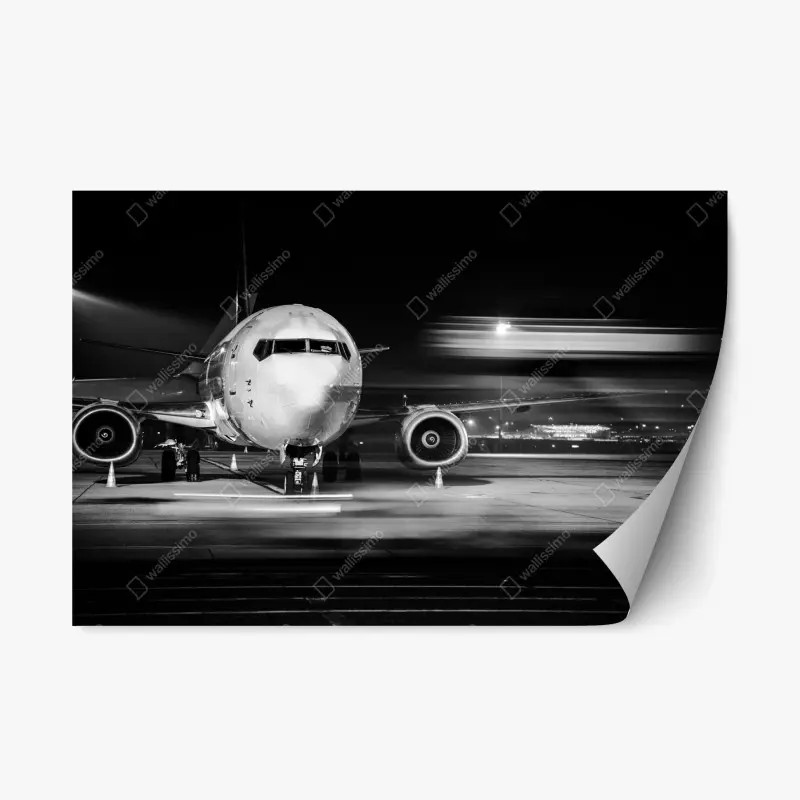 Repositionierbarer Aufkleber monochromes jet auf dem rollfeld bei nacht