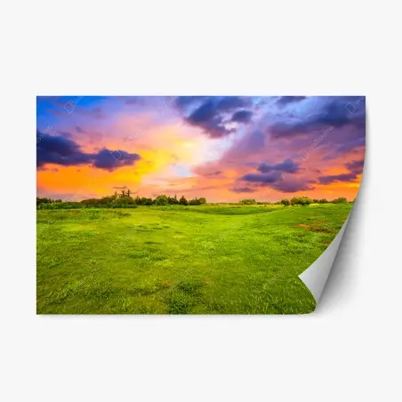 Repositionierbarer Aufkleber sonnenuntergang über grüner wiese – Pixers®