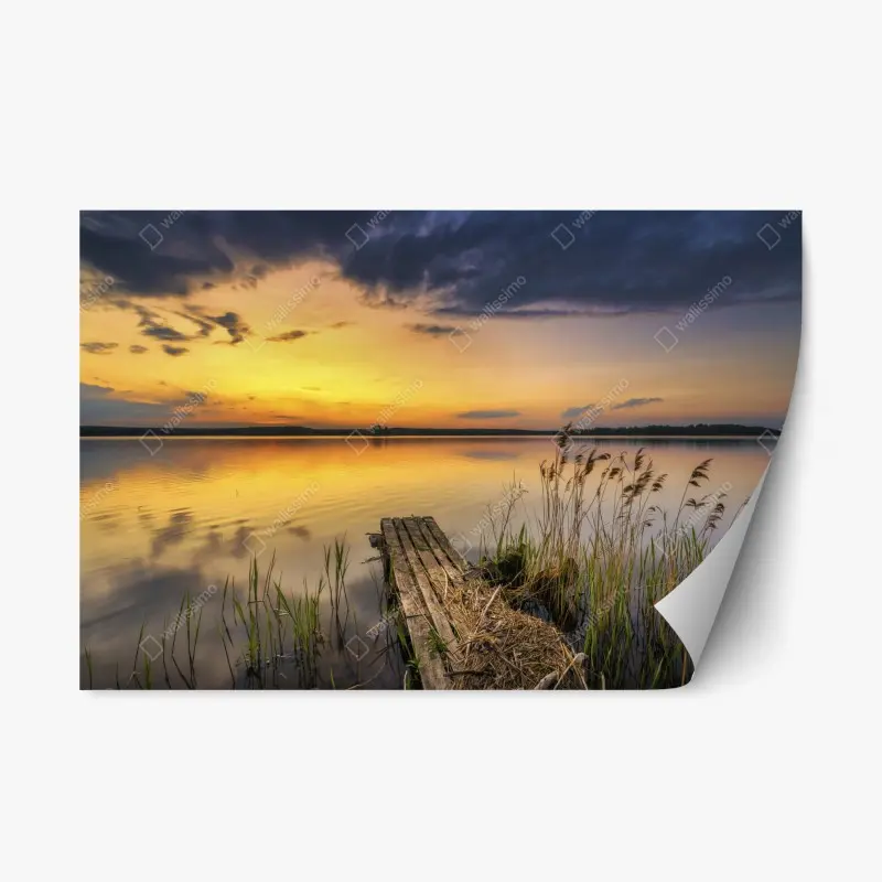 Repositionierbarer Aufkleber goldener sonnenuntergang am see mit steg