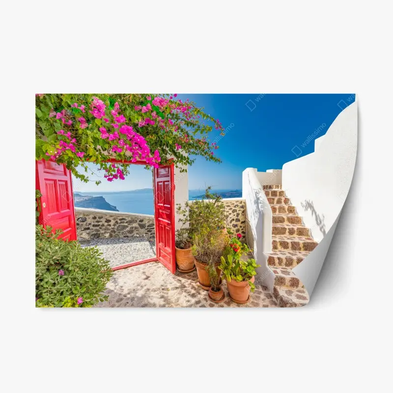 Repositionierbarer Aufkleber sonnenbeschienene mediterrane terrasse mit meerblick