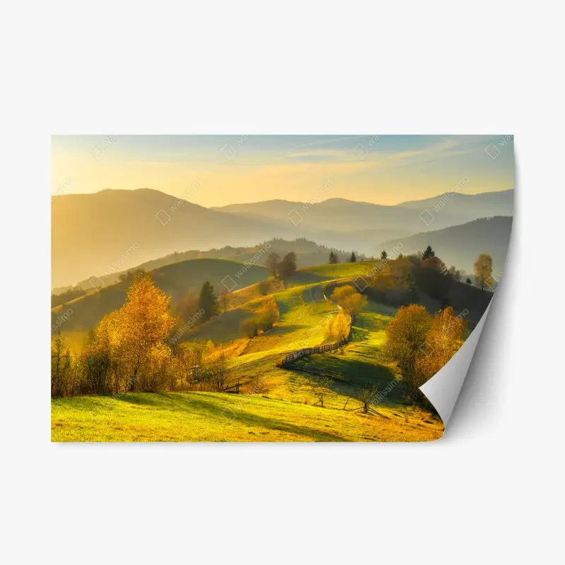 Repositionierbarer Aufkleber goldene herbsthügel bei sonnenuntergang