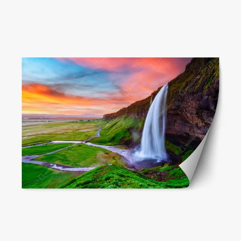 Repositionierbarer Aufkleber wasserfall Seljalandsfoss bei sonnenuntergang
