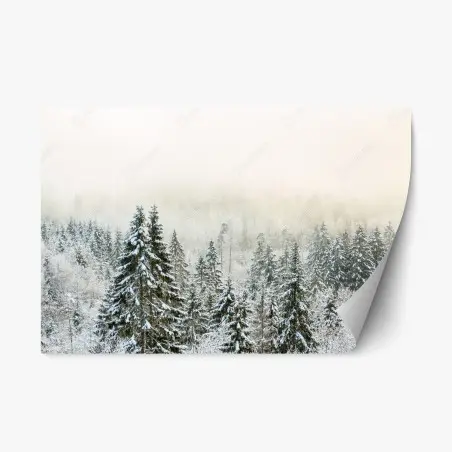 Repositionierbarer Aufkleber verschneiter wald im sanften nebel – Pixers®