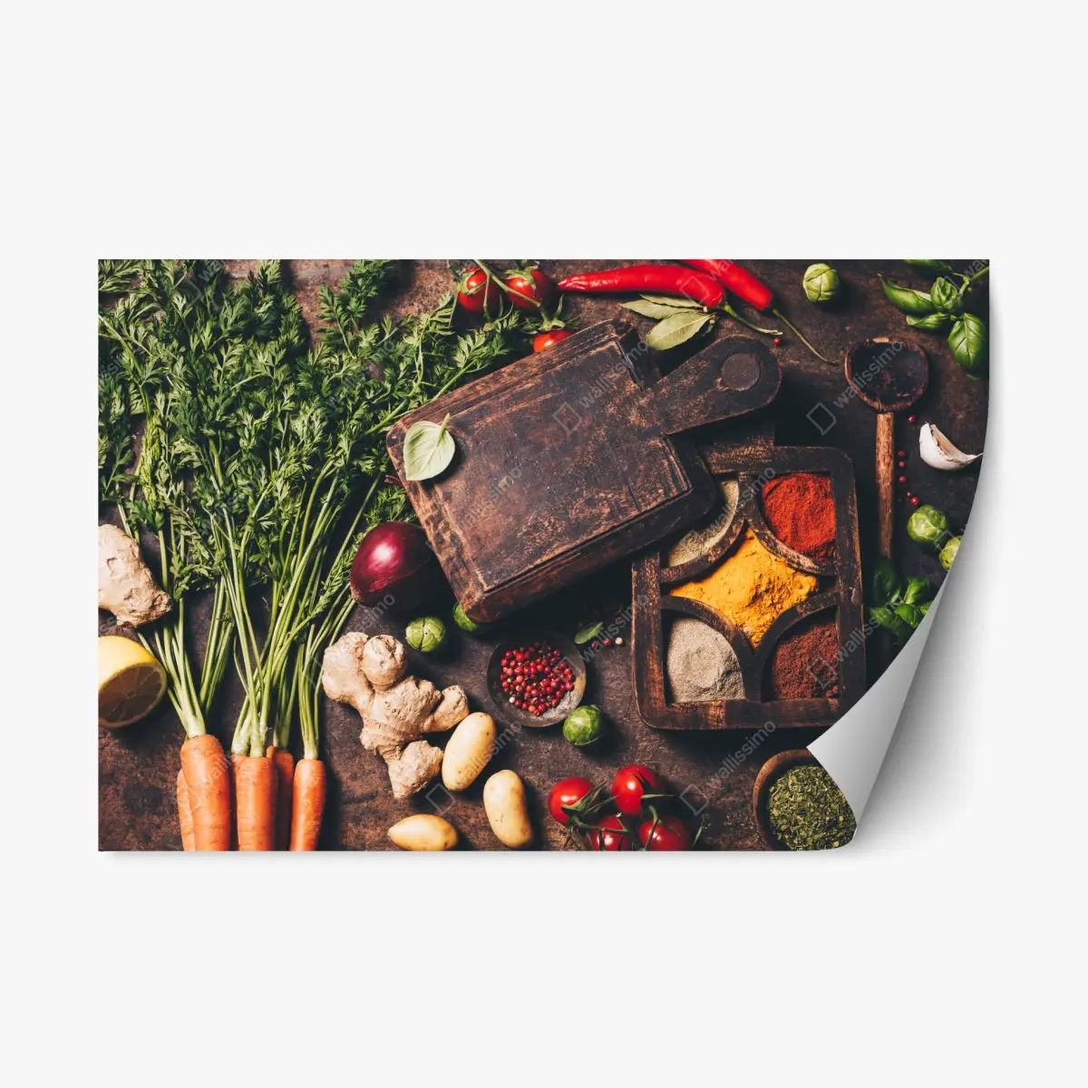 Repositionierbarer Aufkleber rustikales stillleben mit gewürzen und gemüse – Pixers®
