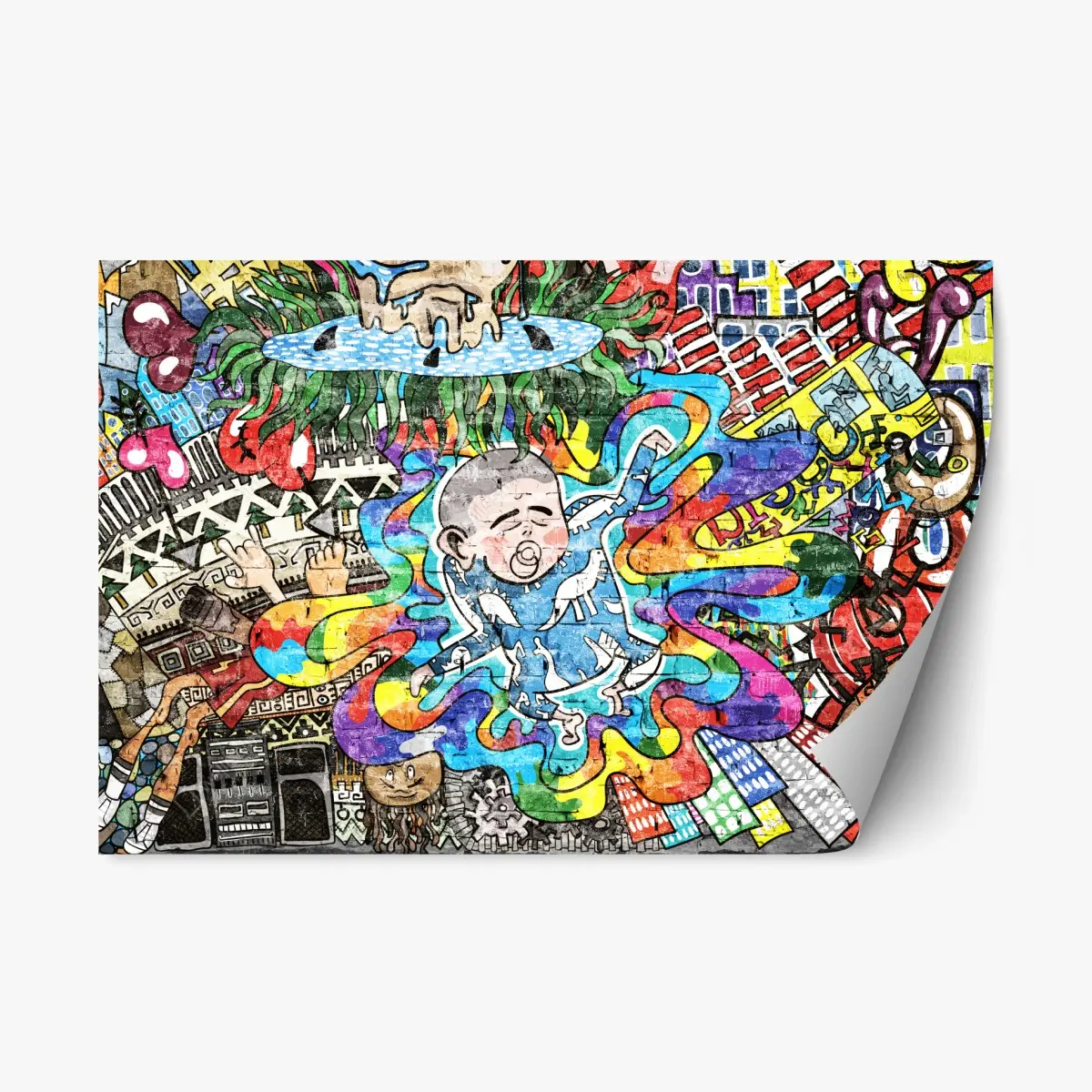 Repositionierbarer Aufkleber buntes graffiti-mural mit träumendem kind – Pixers®