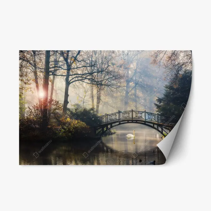 Repositionierbarer Aufkleber neblige herbstbrücke mit schwan