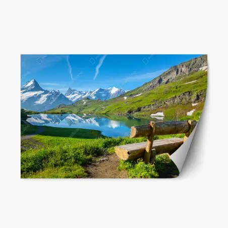 Repositionierbarer Aufkleber alpensee mit hölzerner bank – Pixers®
