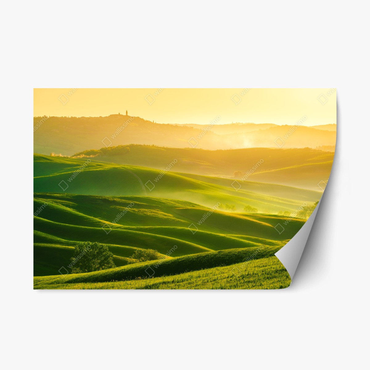 Repositionierbarer Aufkleber goldener sonnenaufgang über sanften grünen hügeln – Pixers®