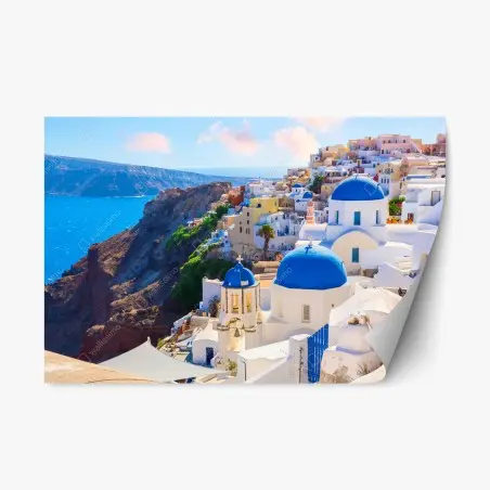 Repositionierbarer Aufkleber Santorini blaue kuppeln und weiße häuser – Pixers®