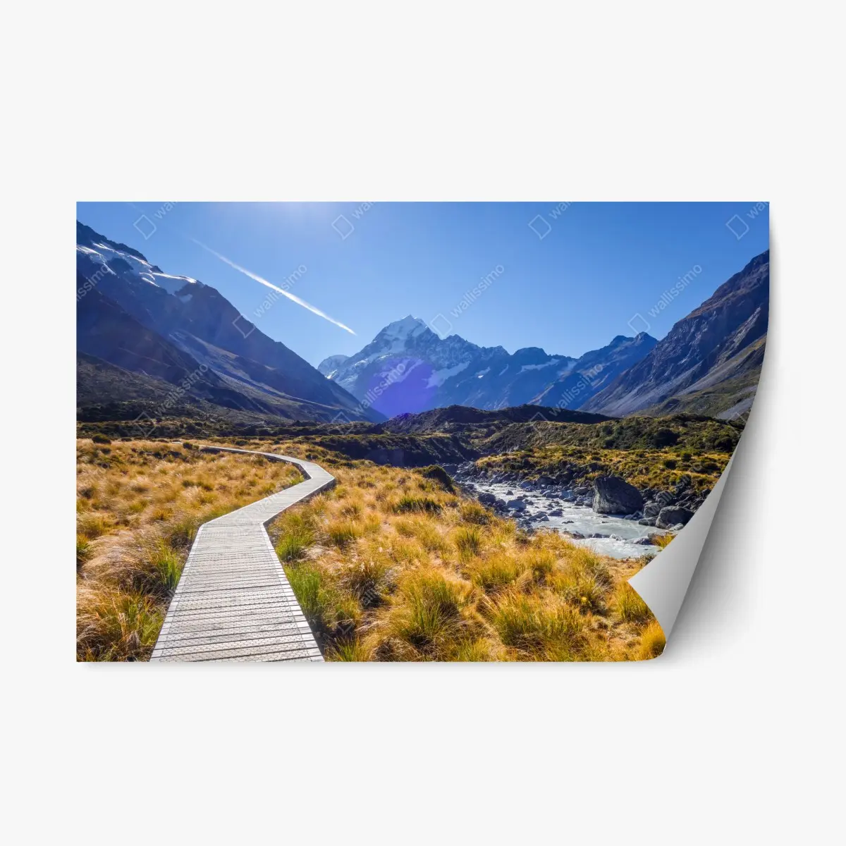 Repositionierbarer Aufkleber holzsteg im Hooker Valley mit blick auf Aoraki Mount Cook – Pixers®