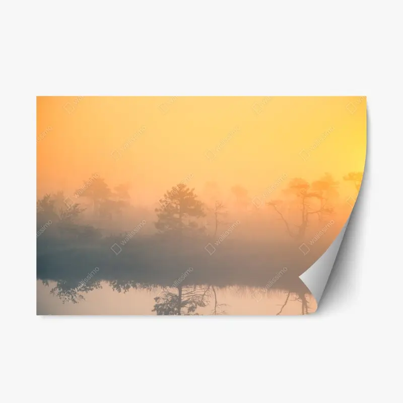 Repositionierbarer Aufkleber träumerischer sonnenaufgang über nebligem moor