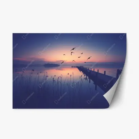 Repositionierbarer Aufkleber ruhiger sonnenaufgang am see mit vögeln – Pixers®