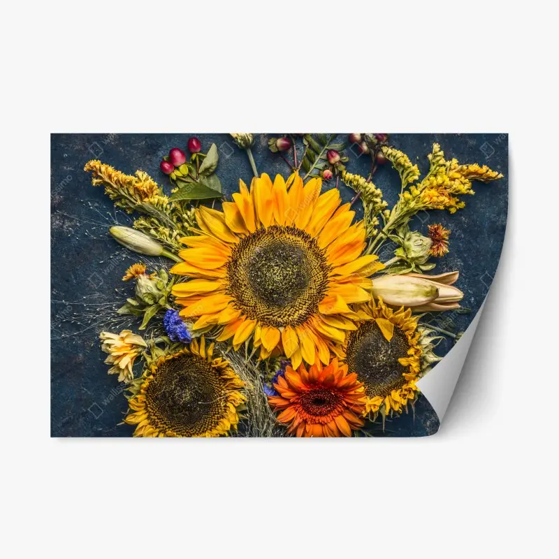 Repositionierbarer Aufkleber herbstlicher sonnenblumenstrauß auf dunklem rustikalem hintergrund