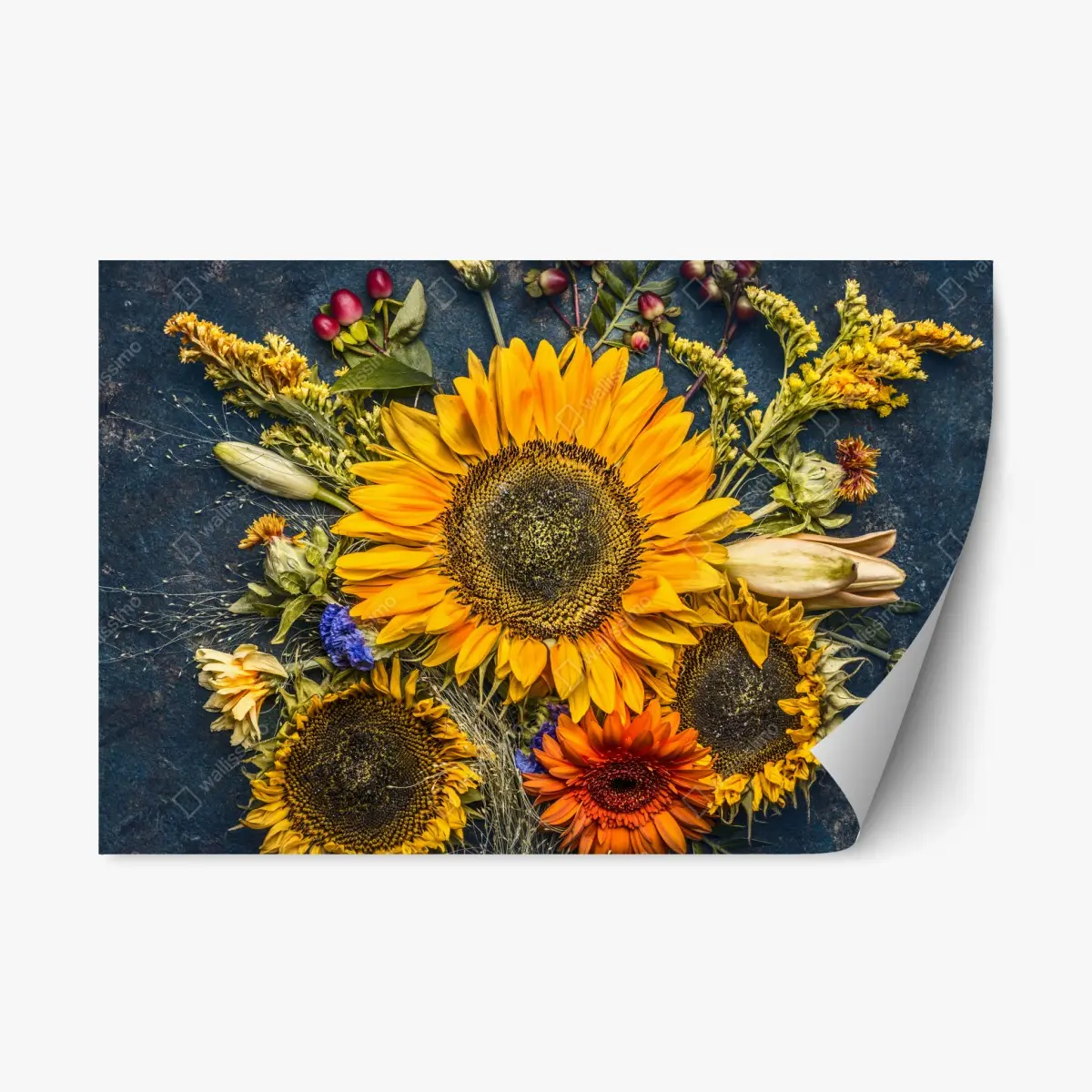 Repositionierbarer Aufkleber herbstlicher sonnenblumenstrauß auf dunklem rustikalem hintergrund – Pixers®
