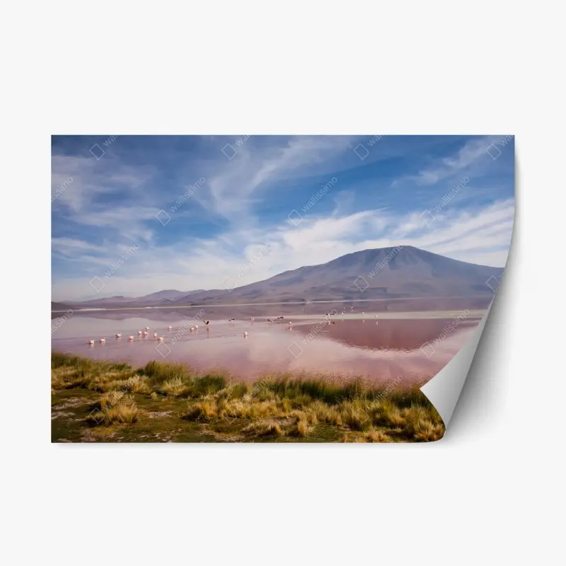 Repositionierbarer Aufkleber rosa lagune mit flamingos und bergspiegelung