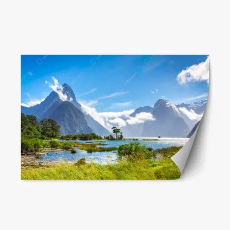 Repositionierbarer Aufkleber malerische berglandschaft am fjord – Pixers®