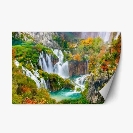Repositionierbarer Aufkleber türkisfarbener wasserfall im herbst – Pixers®