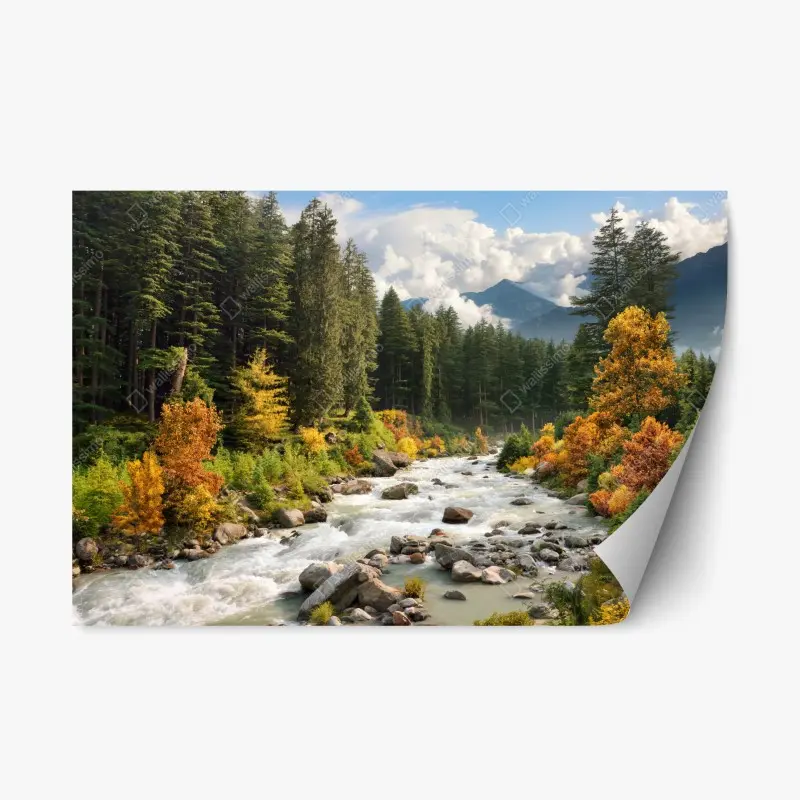 Repositionierbarer Aufkleber herbstliche berglandschaft mit fluss