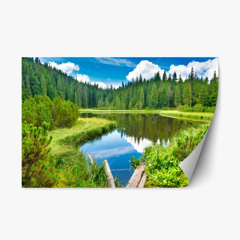 Repositionierbarer Aufkleber ruhiger waldsee mit hölzerner brücke
