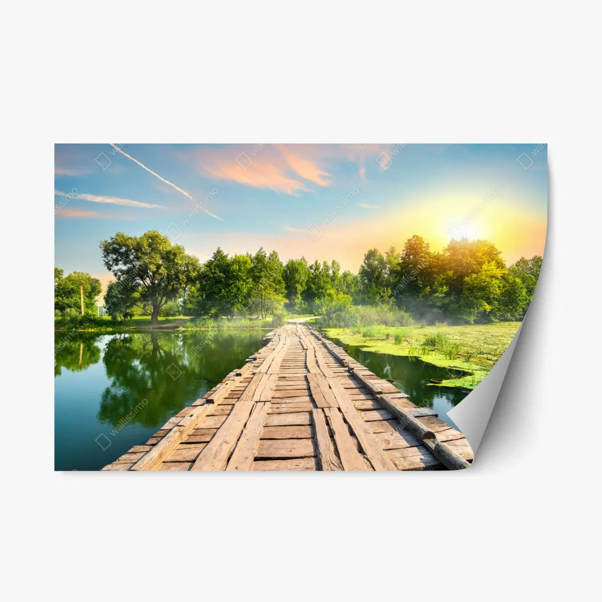 Repositionierbarer Aufkleber sonnige hölzerne brücke über ruhigen see – Pixers®