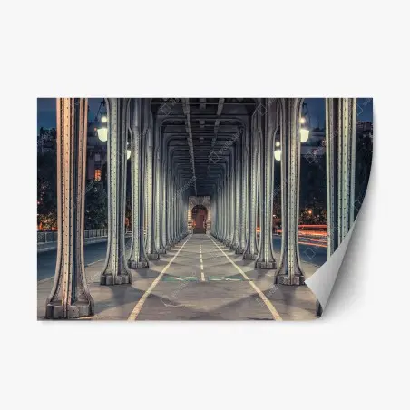 Repositionierbarer Aufkleber symmetrischer stahlkorridor einer brücke bei nacht – Pixers®