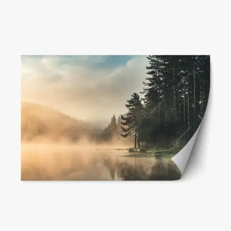 Repositionierbarer Aufkleber nebliger sonnenaufgang über waldsee – Pixers®
