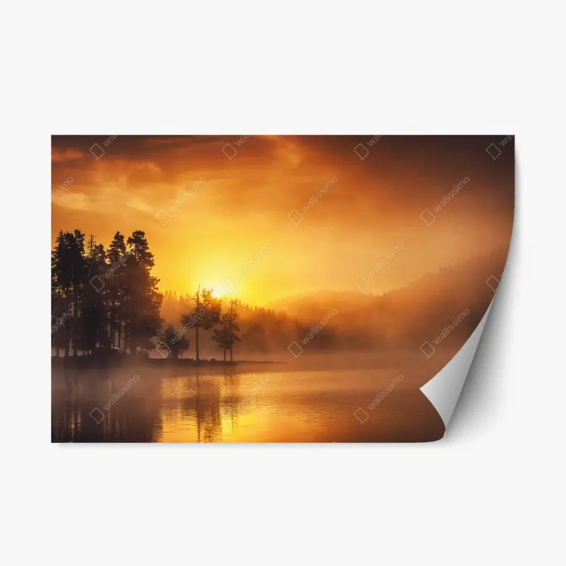 Repositionierbarer Aufkleber goldener sonnenaufgang über dem nebligen see
