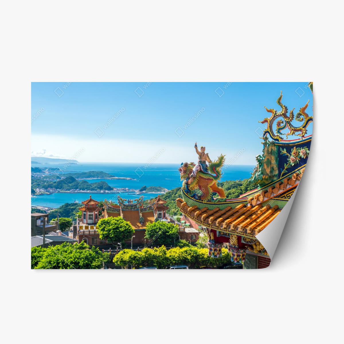 Repositionierbarer Aufkleber tempel mit blick auf die küste von Jiufen, Taiwan – Pixers®