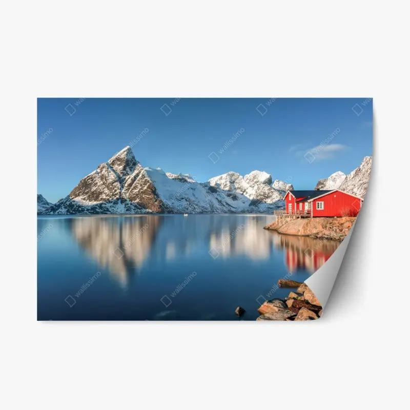 Repositionierbarer Aufkleber ruhiger winterlicher fjord in Reine, Lofoten