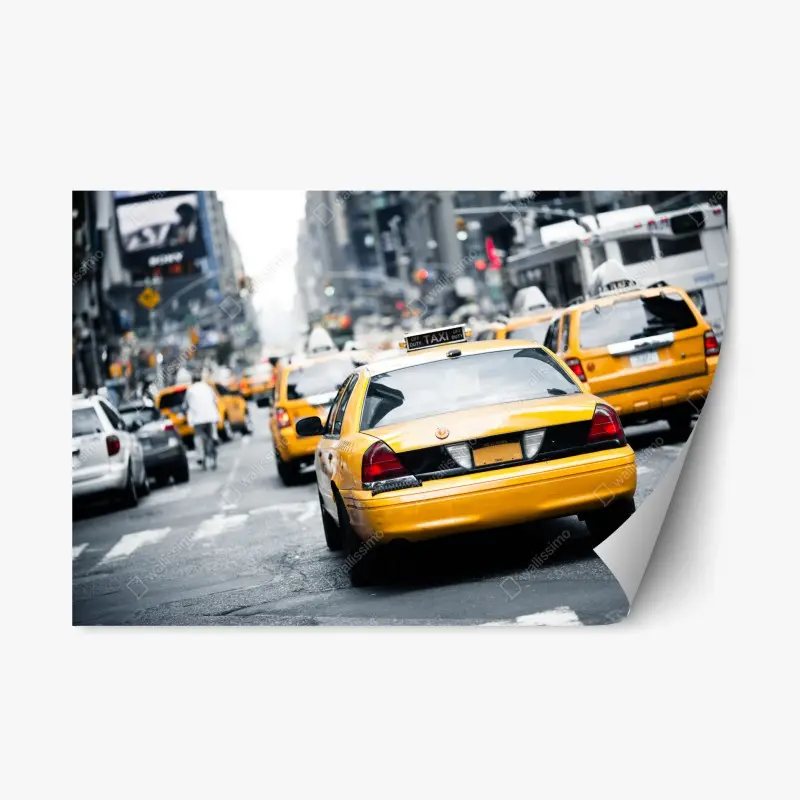 Repositionierbarer Aufkleber gelbe taxis in einer belebten straße von New York