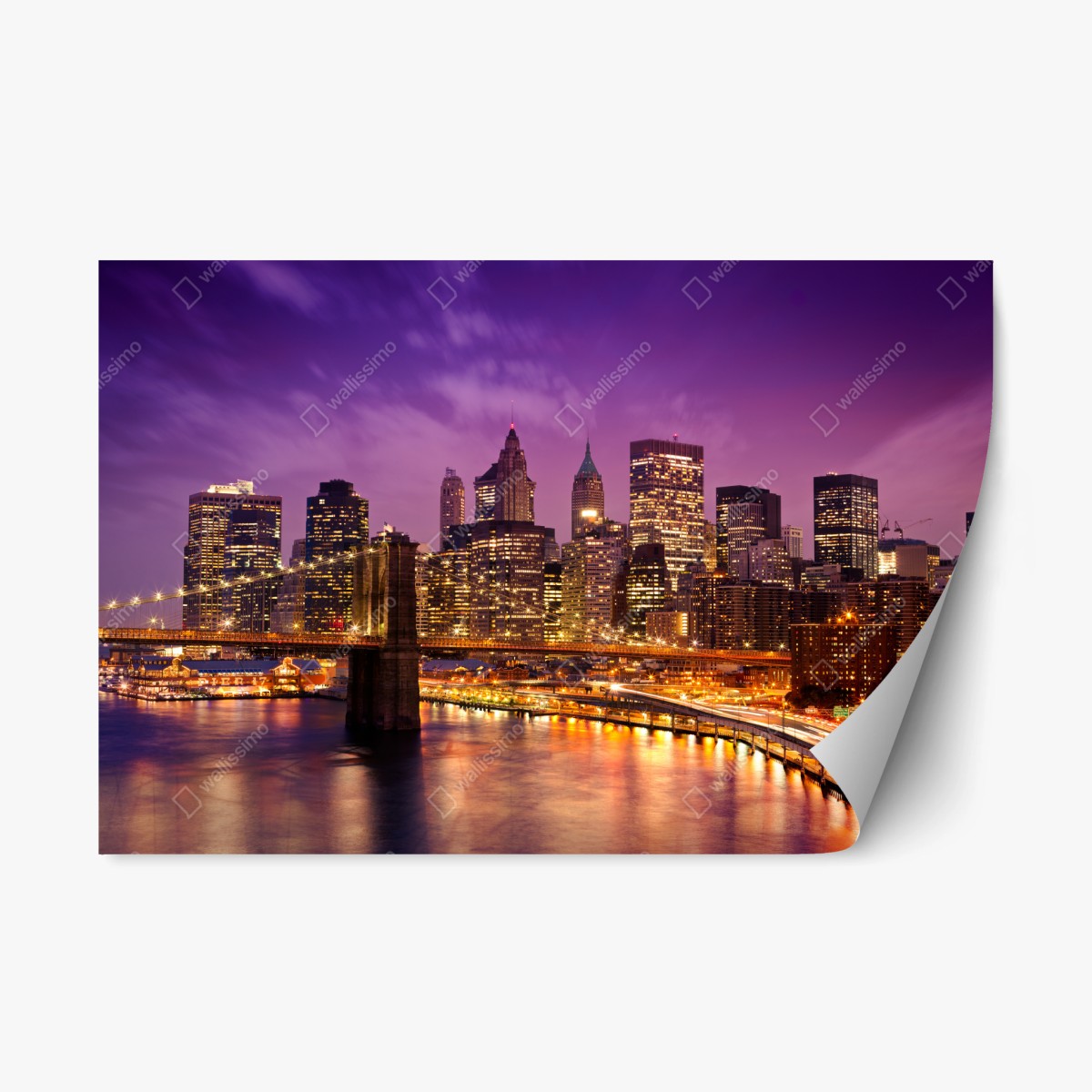 Repositionierbarer Aufkleber violette skyline über leuchtender stadt und brücke – Pixers®
