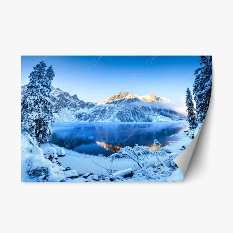 Repositionierbarer Aufkleber winterlicher sonnenaufgang über dem gefrorenen bergsee