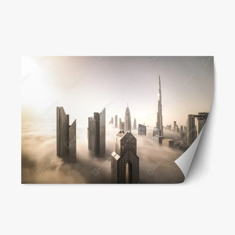 Repositionierbarer Aufkleber neblige Dubai skyline über den wolken
