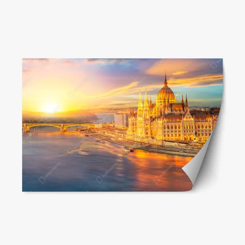 Repositionierbarer Aufkleber goldener sonnenuntergang über dem parlament von Budapest